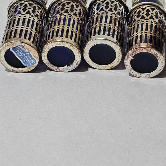 4 Pierced Silverplate Cobalt Salt Pepper Shakers 2.5" Towle Japan Blue Glass vin - Picture 5 of 6